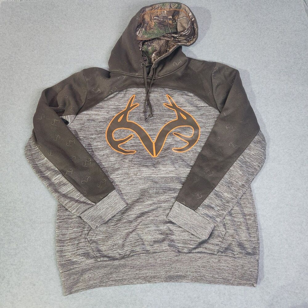 Realtree Men's Hoodie Large Gray Brown Pullover Camo Lined Orange Antler Logo